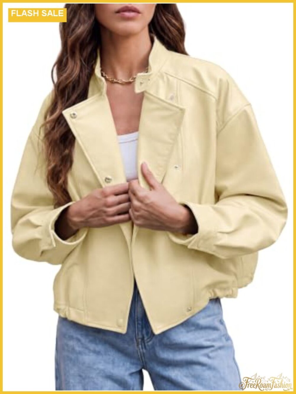 Oversized Faux Leather Motorcycle Cropped Jacket Snap Button Moto Coat